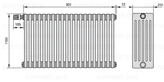 Схема (чертеж) Радиатор Zehnder Charleston 6110/20 №V011 Белый глянцевый RAL 9016